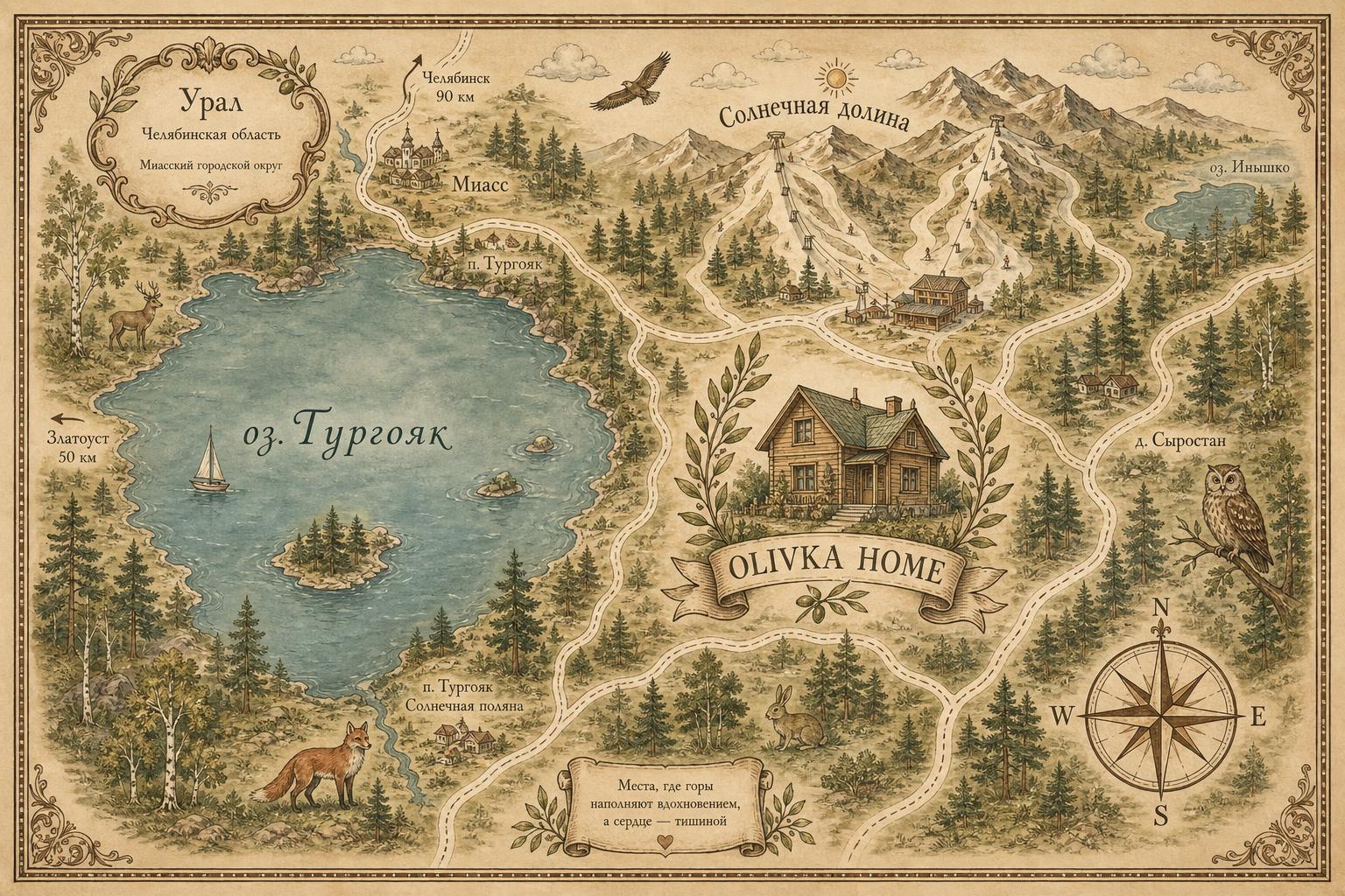 Иллюстрированная карта окрестностей Olivka Home — озеро Тургояк, Солнечная долина